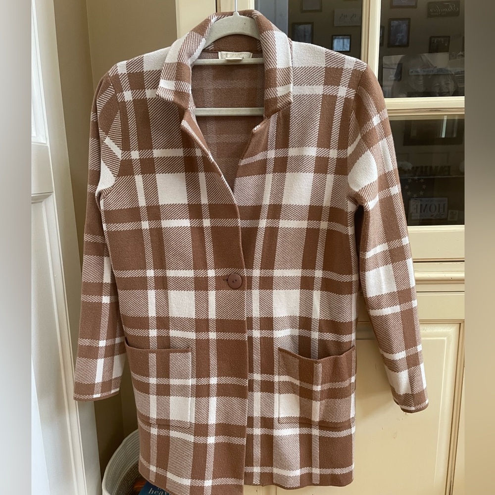 Christian Siriano Cardigan/Coat- Medium- Tan & White
